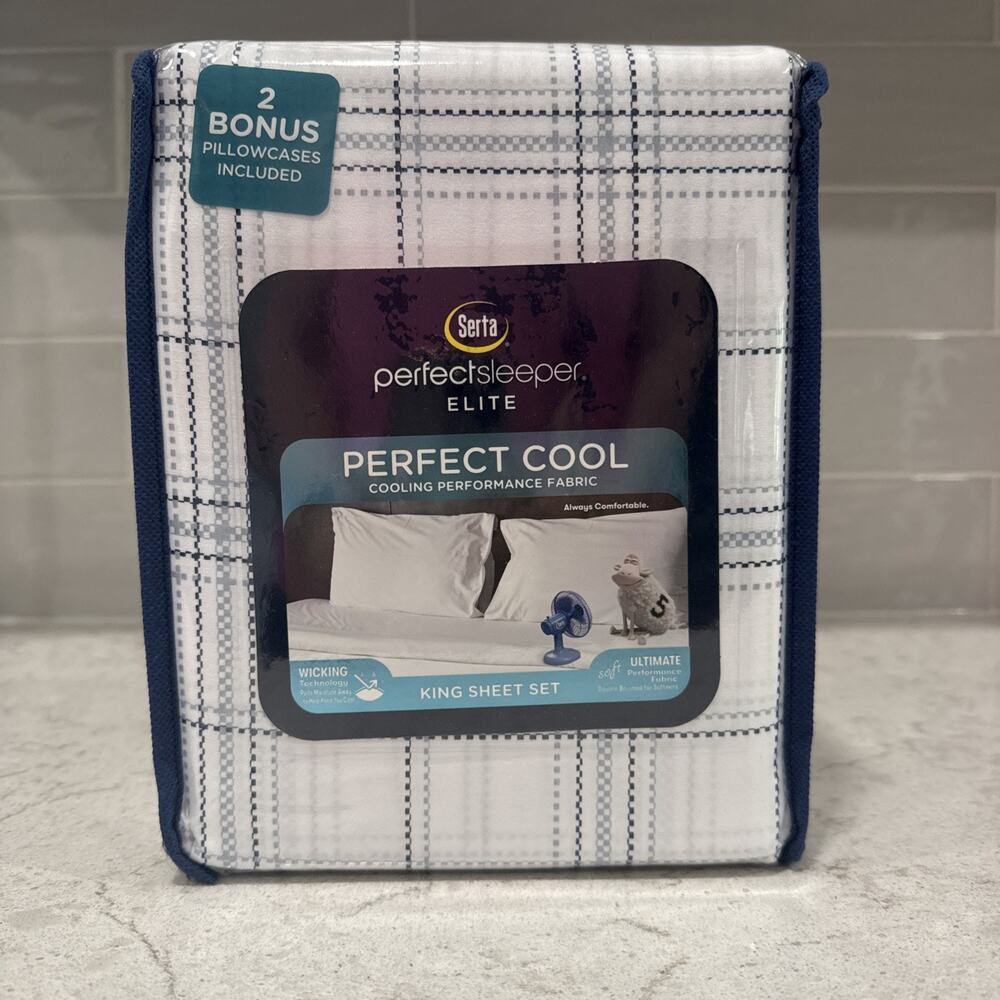6 Pc KING Blue & White Serta Perfect Sleeper Elite Cooling Fabric Sheet Set NEW